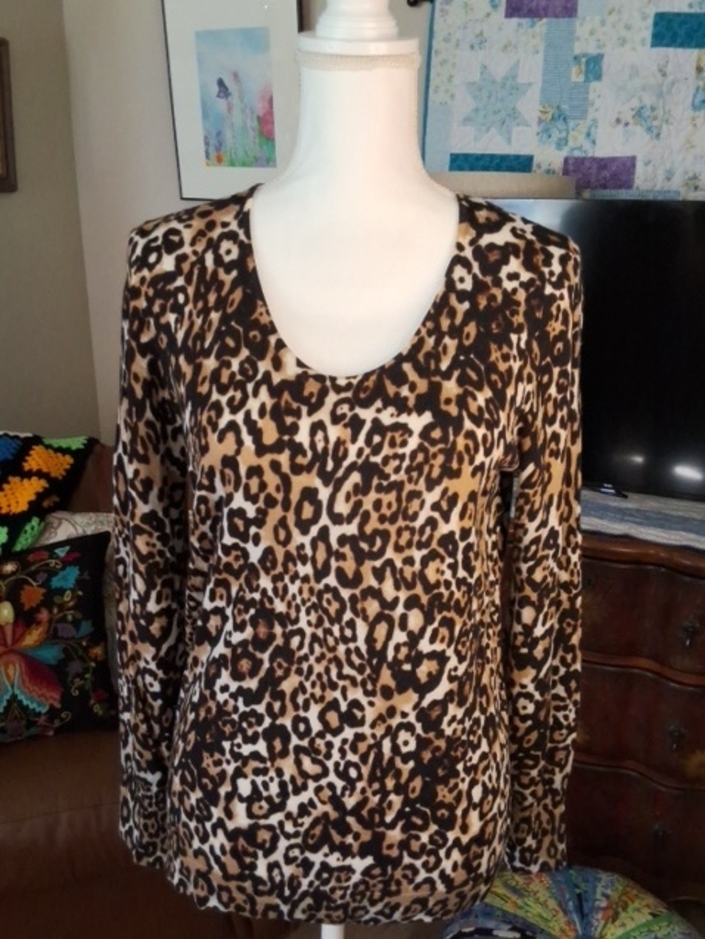 Talbots Leopard Print Long Sleeve Scoop Neck Top - Brown & Black